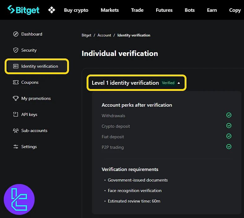 Identity approval message in the Bitget dashboard