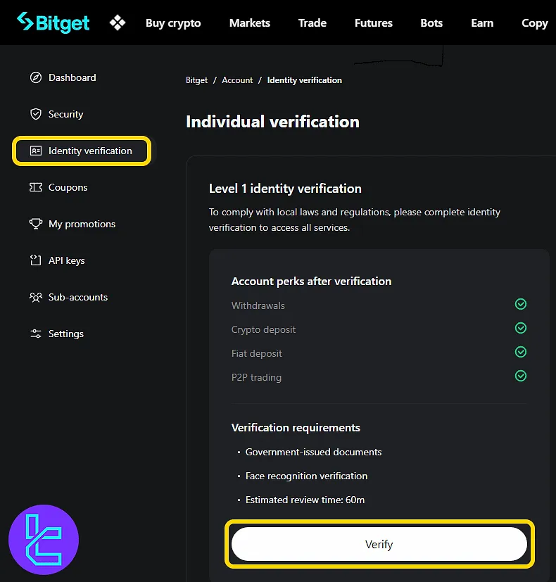 Bitget dashboard showing identity section with KYC access