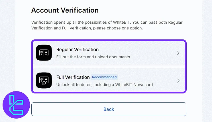 WhiteBIT account verification options