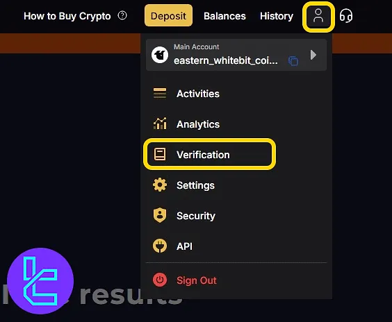 Account section in WhiteBIT profile with identity confirmation access