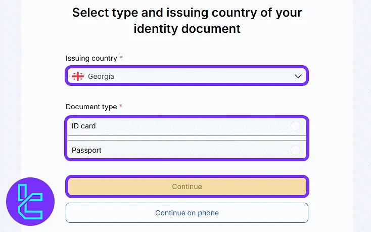 Selecting document type in the WhiteBIT identity approval form