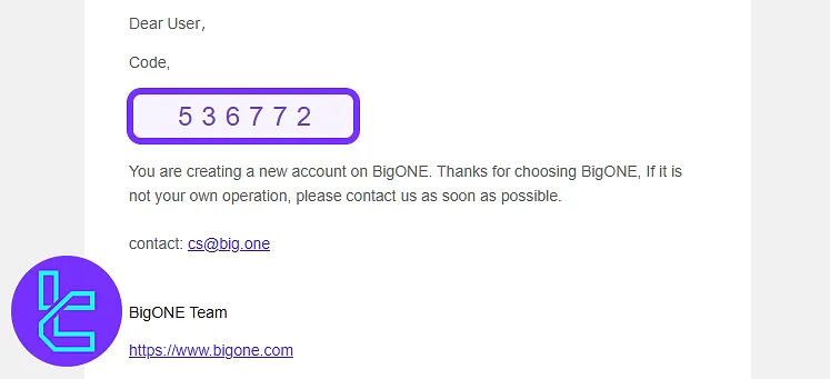 BigONE confirmation email with a 6-digit verification code to proceed with the sign-up process
