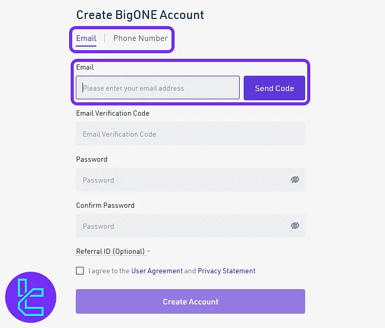 BigONE sign-up form with an email field and verification code button