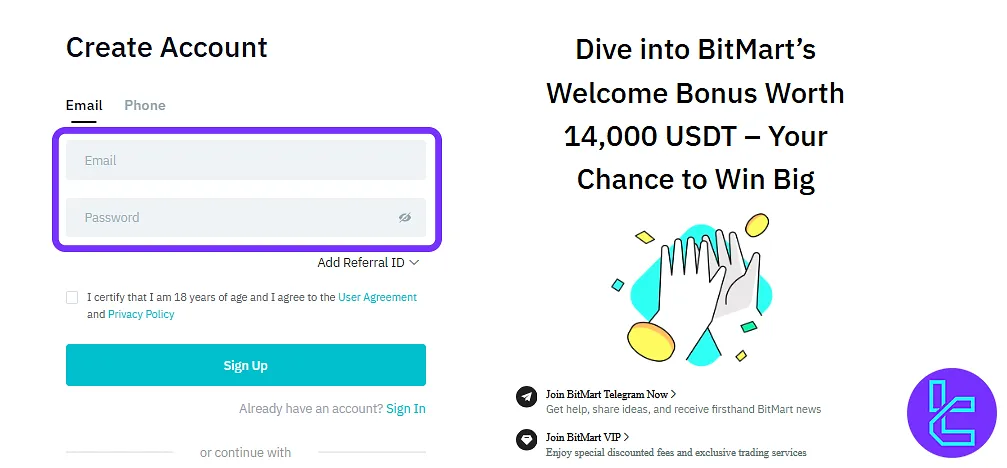 BitMart registration form