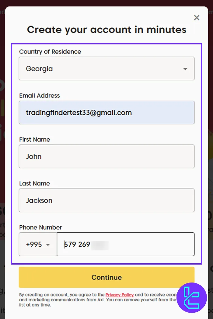 Inserting your Details in Axi Signup
