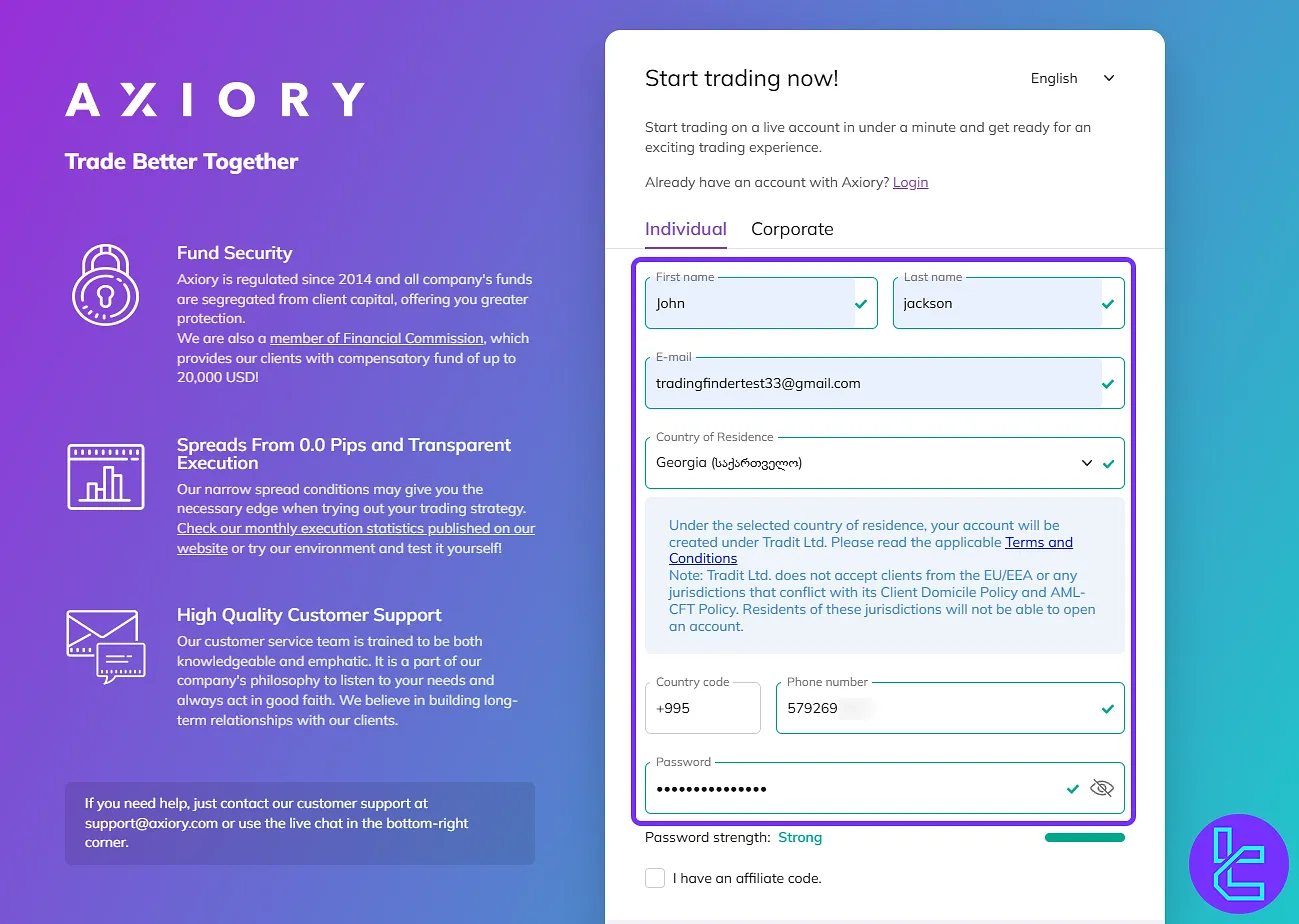 Axiory registration form