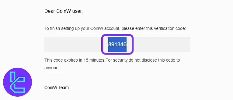 CoinW verification email with 6-digit code for a new account