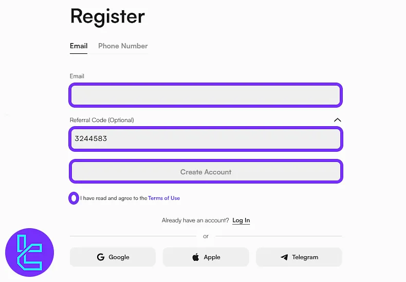 CoinW sign-up interface with referral and social sign-in options