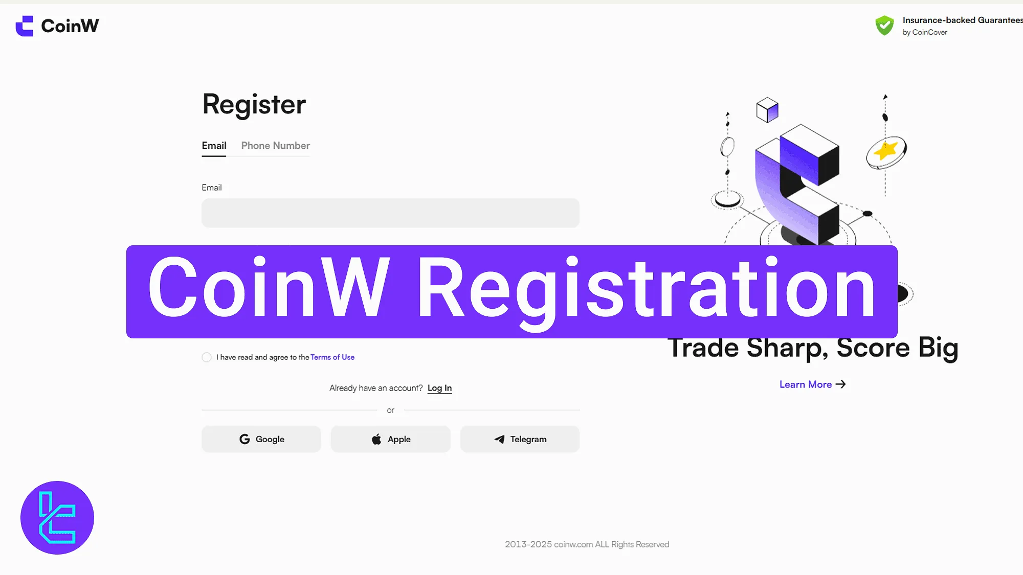 CoinW signup page with email field and account creation option