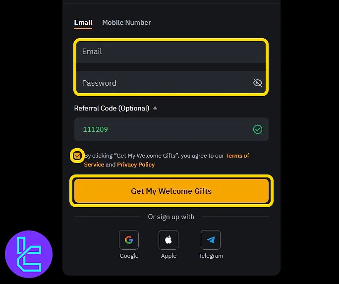 sign-up form on ByBit with input fields for email, password, referral code, and agreement checkbox