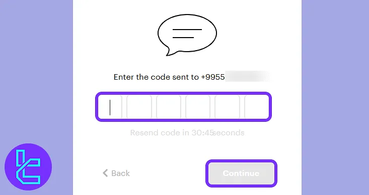 SMS code entry screen for finalizing the account setup in the Paybis