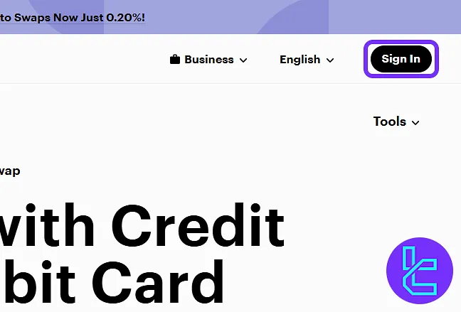 Paybis homepage showing the "Sign In" button in the top navigation menu for starting account setup