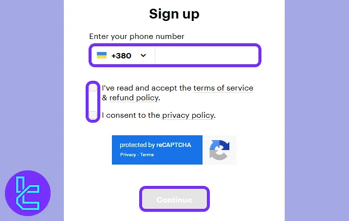 Phone number input field with checkbox options for the Paybis account setup