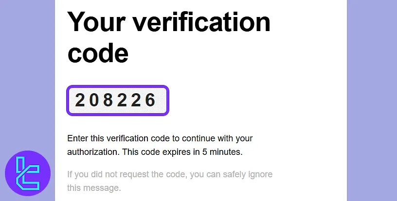 Email message from the Paybis with a 6-digit verification code in the sign-up process
