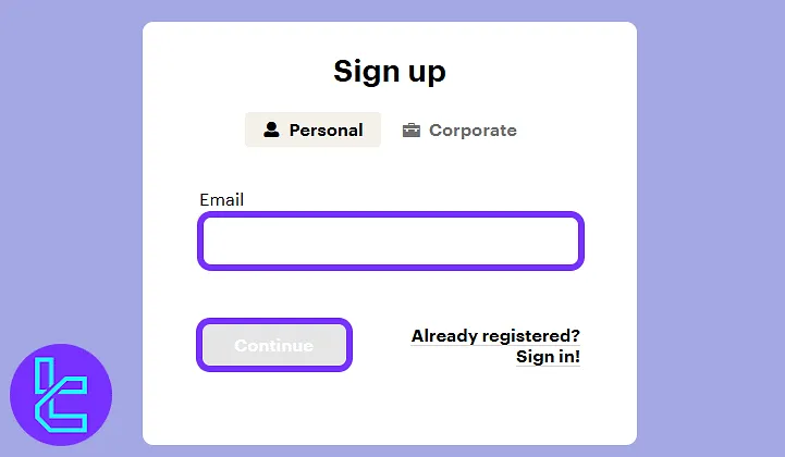 Email entry form for Paybis sign-up with continue button for starting account setup