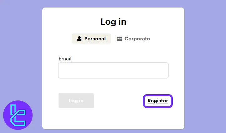 Login form with options to enter the dashboard or switch to the Paybis account creation process