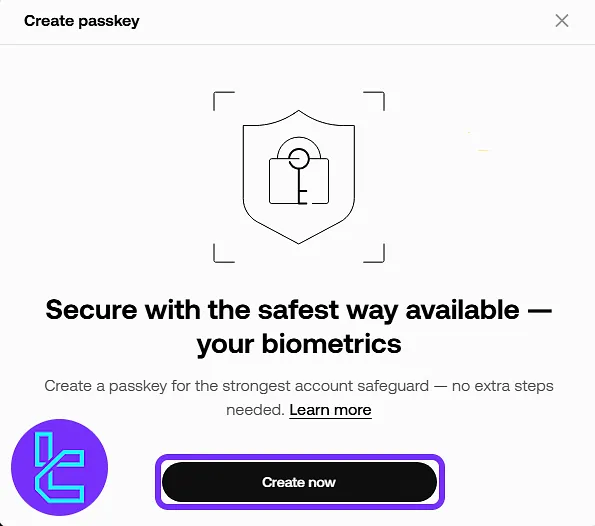 Passkey creation prompt on the OKX sign-up with the biometric setup option
