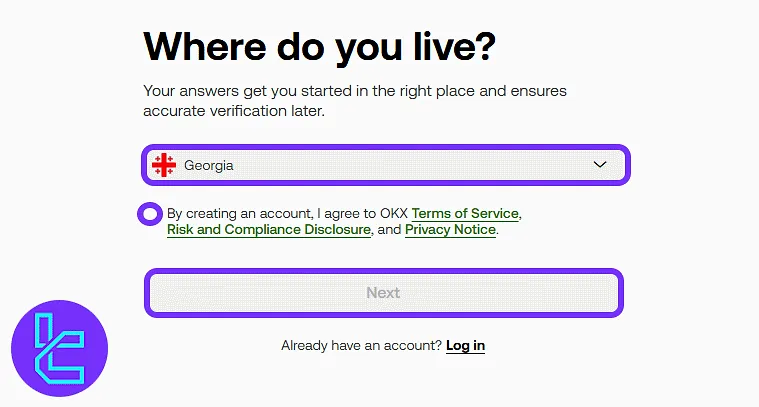 Form for selecting country and accepting OKX terms of service in the account setup process