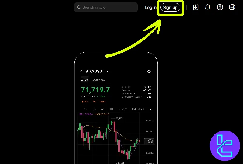 OKX platform interface with the "Sign Up" button highlighted for initiating account setup