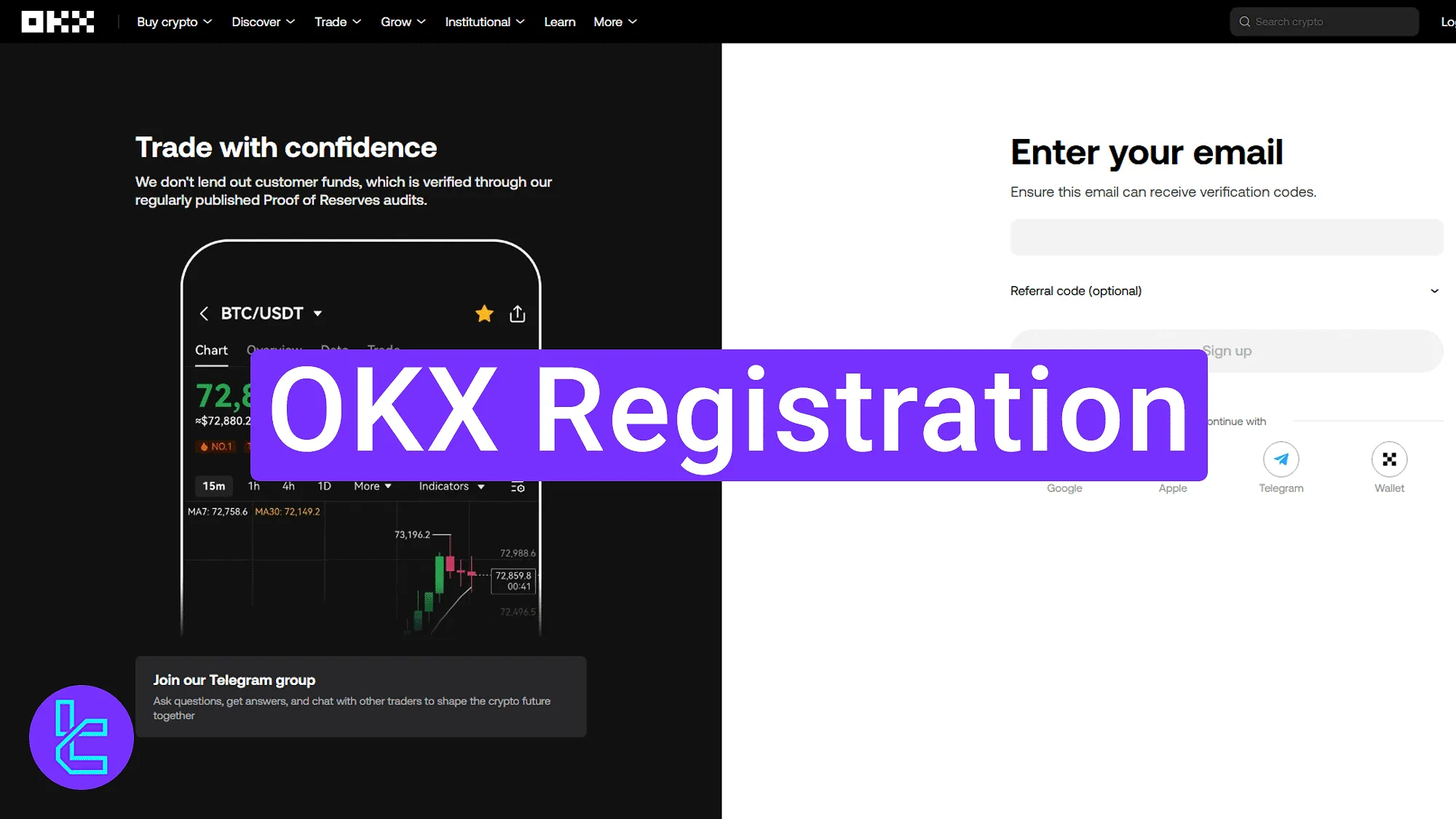 OKX account creation guide with email entry form and login alternatives