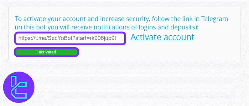 Telegram activation page for the YoBit account setup process with "I activated" button