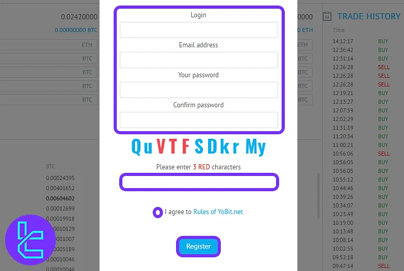 YoBit sign-up form with login, email, password, CAPTCHA, and agreement checkbox