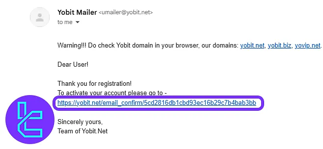 Email from YoBit containing an activation link for confirming the sign-up process