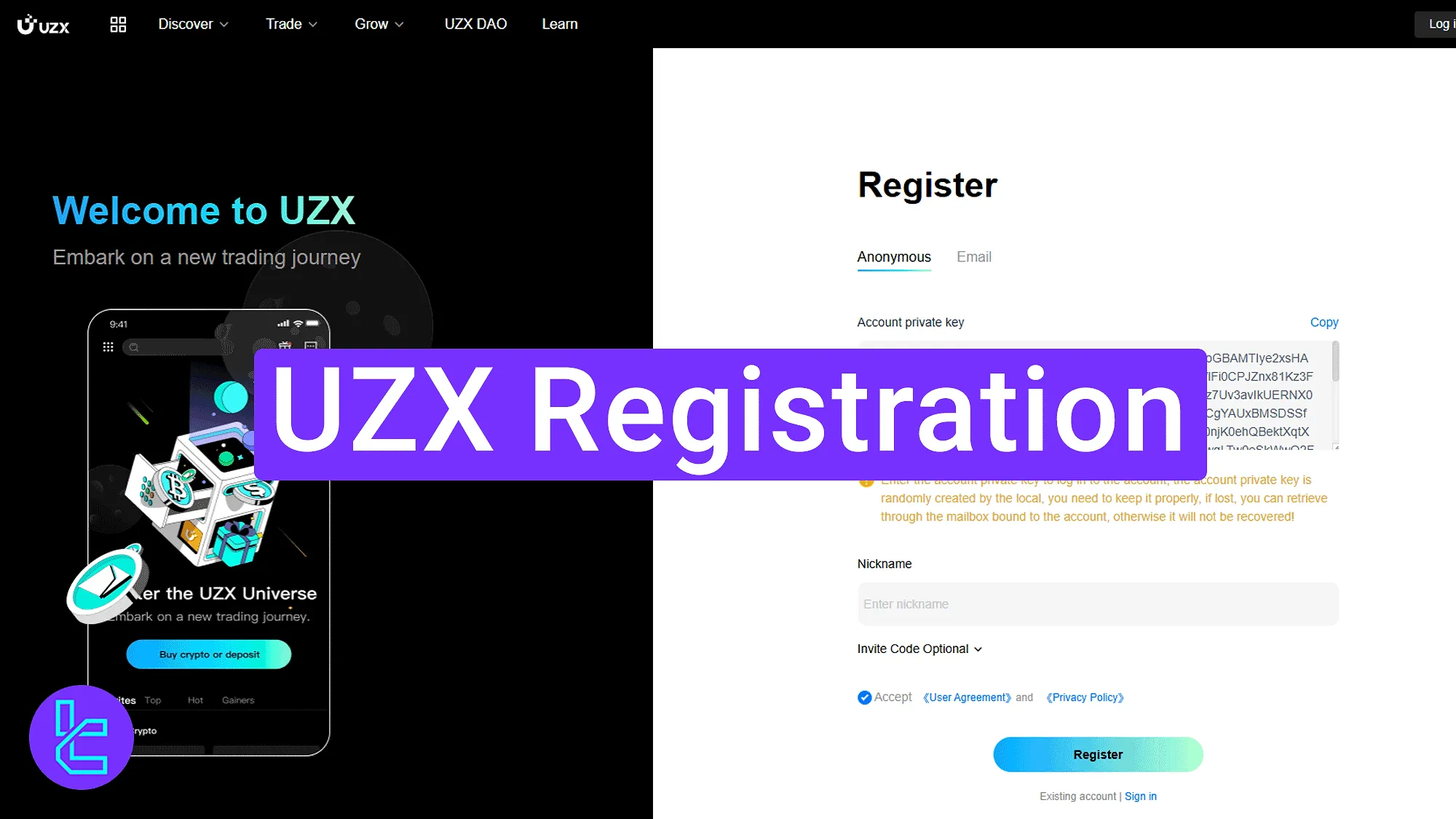 UZX sign-up tutorial with email method