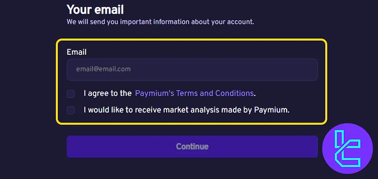 Paymium sign-up email field