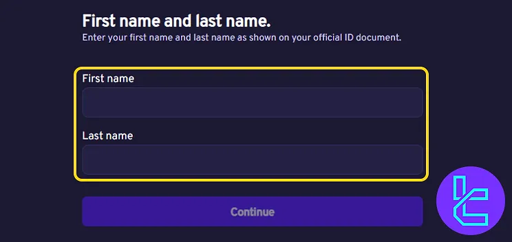 First and last name input fields in Paymium account setup