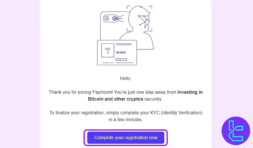 Confirmation email with Paymium sign-up completion button