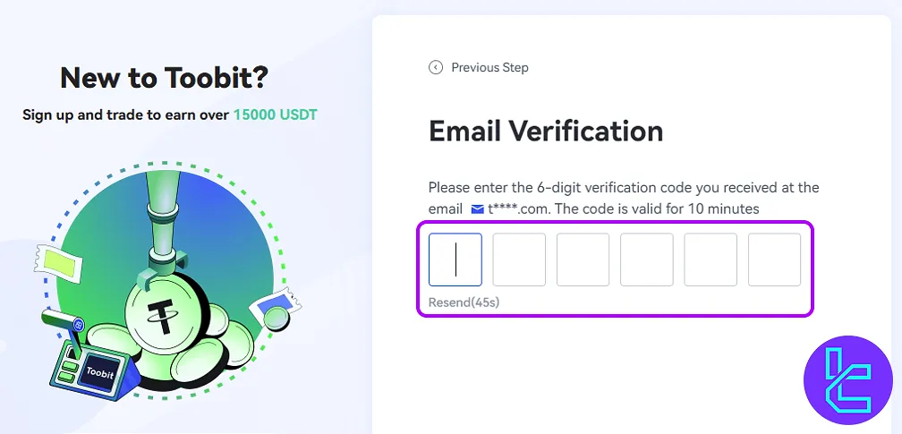 Verify email during Toobit account setup