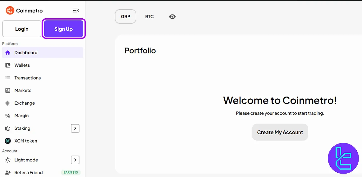 CoinMetro sign-up section