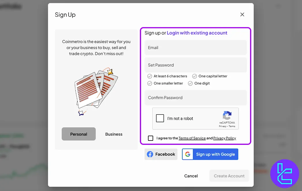 CoinMetro signup form