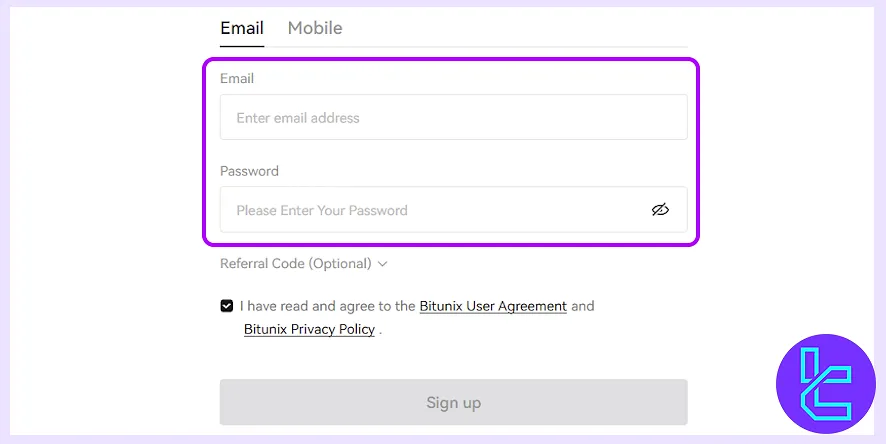 Email and password input fields on Bitunix sign-up page