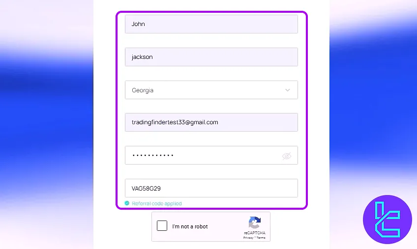 VALR account setup form