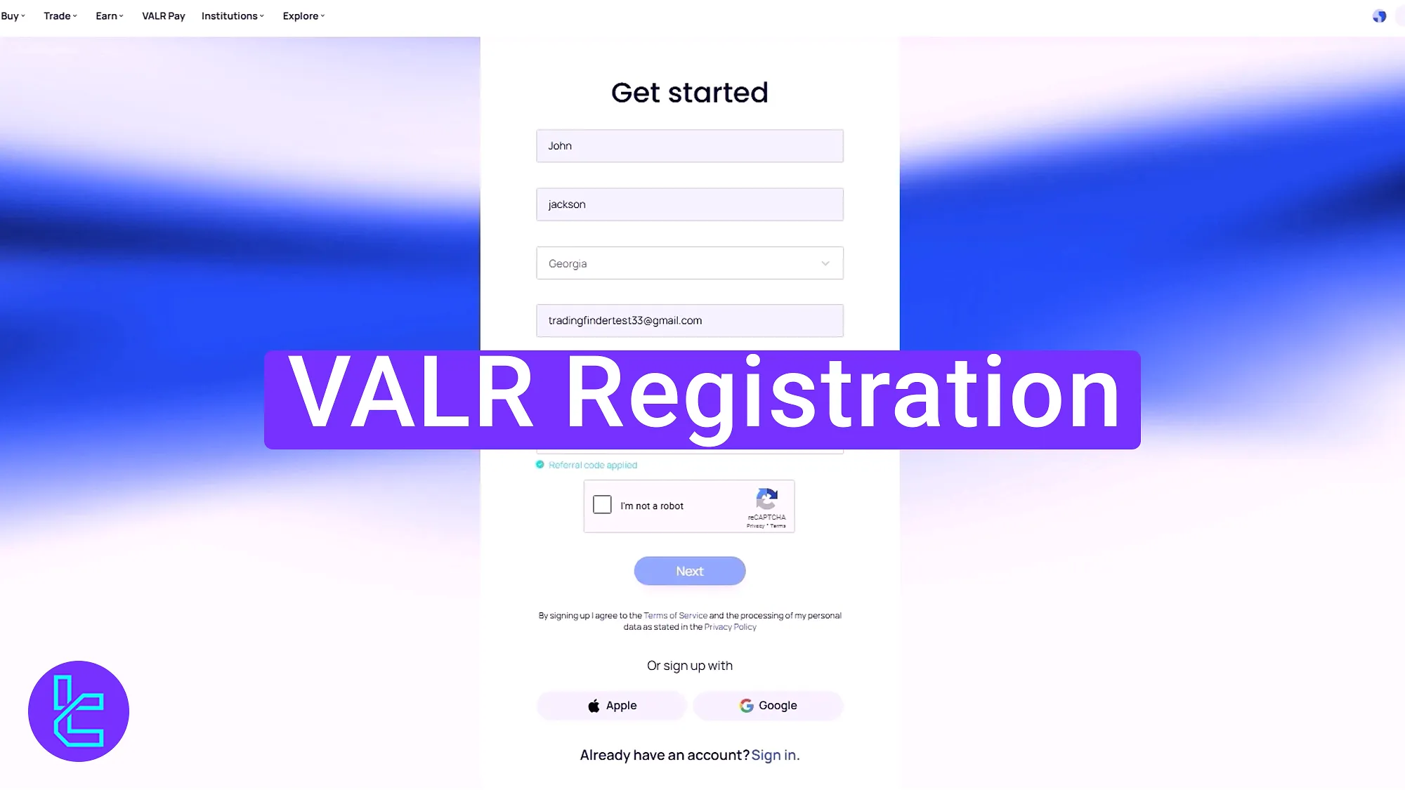 VALR signup 5-step process