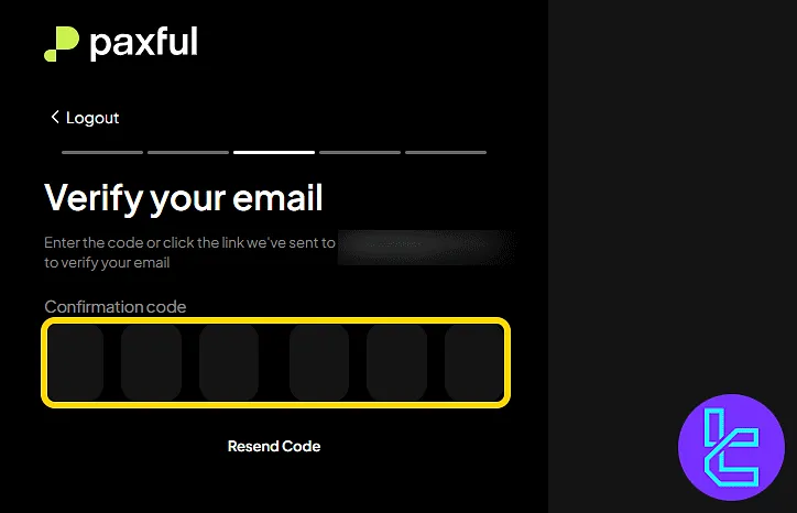 Input form for entering email confirmation code during the Paxful account creation