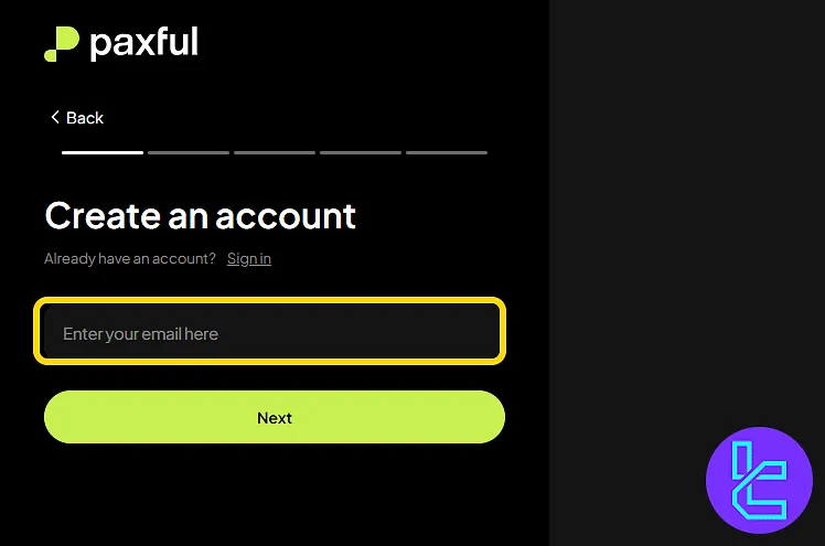 Paxful sign-up form requesting email input to start the process