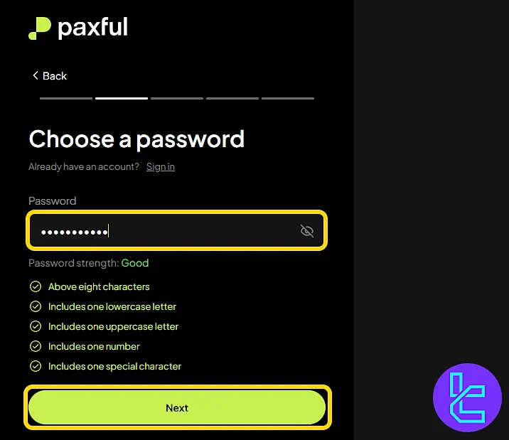 Password setup form with strength indicators during the Paxful sign-up