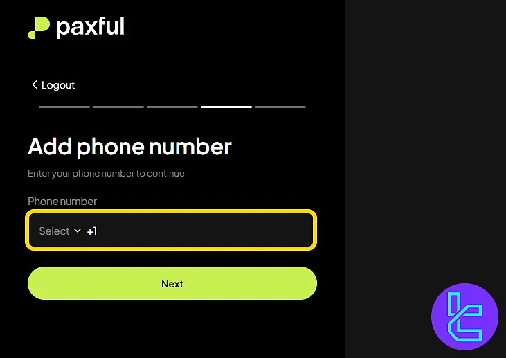 Phone number entry screen for the Paxful sign-up with country code selection
