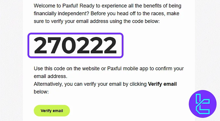 Email from Paxful showing a 6-digit code to proceed with the sign-up process