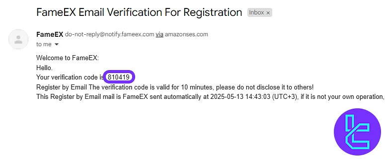 FameEX email showing verification code message to confirm the sign-up process
