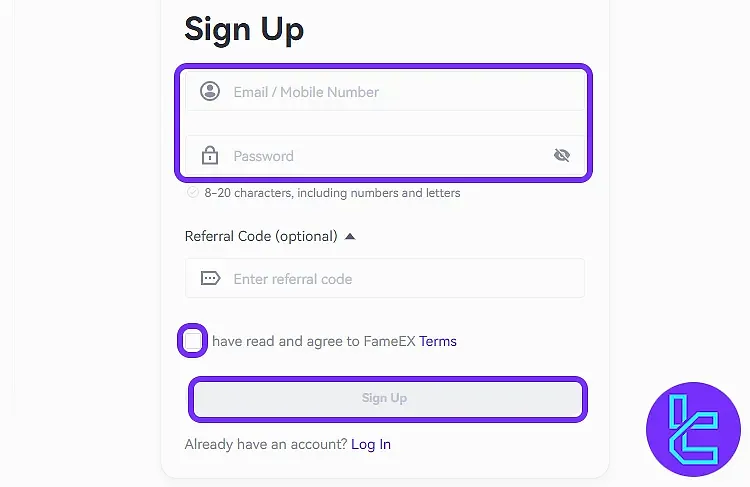 FameEX sign-up form with fields for email, password, and terms acceptance