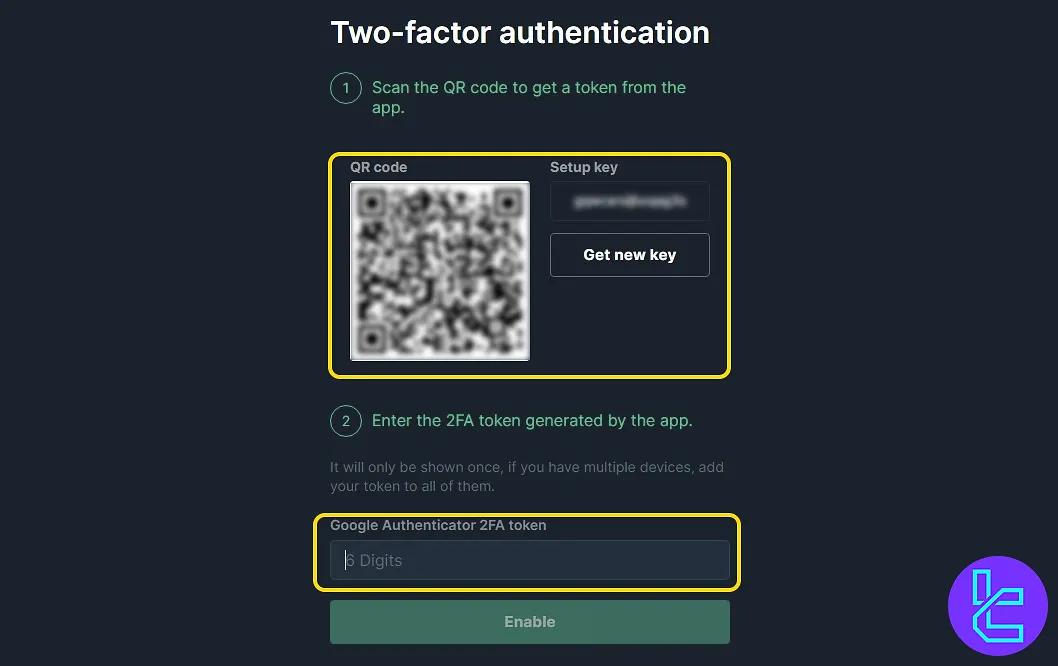 Setting up Google Authenticator with QR code and 6-digit input for Bitfinex account setup