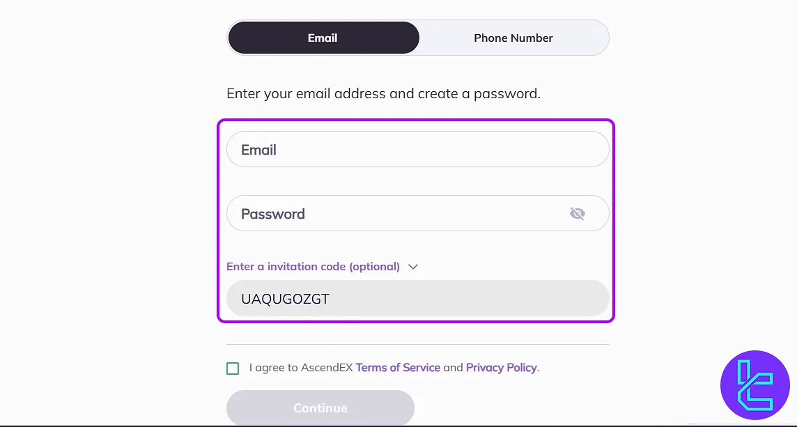 Signup form for AscendEX account setup