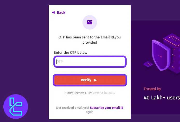 OTP input screen on the Bitbns for completing the account sign-up