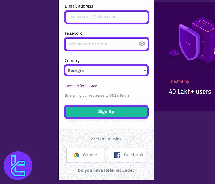 Bitbns sign-up form with email, password, and country selection fields