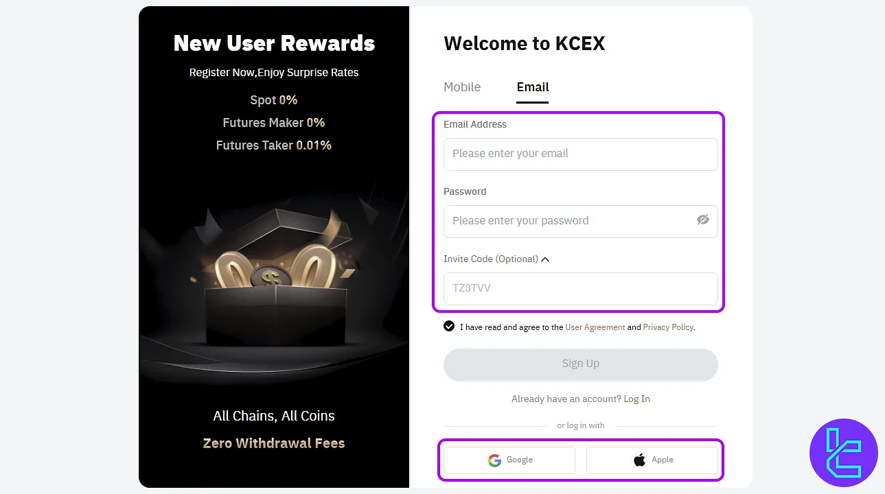 Email and password entry for KCEX account setup