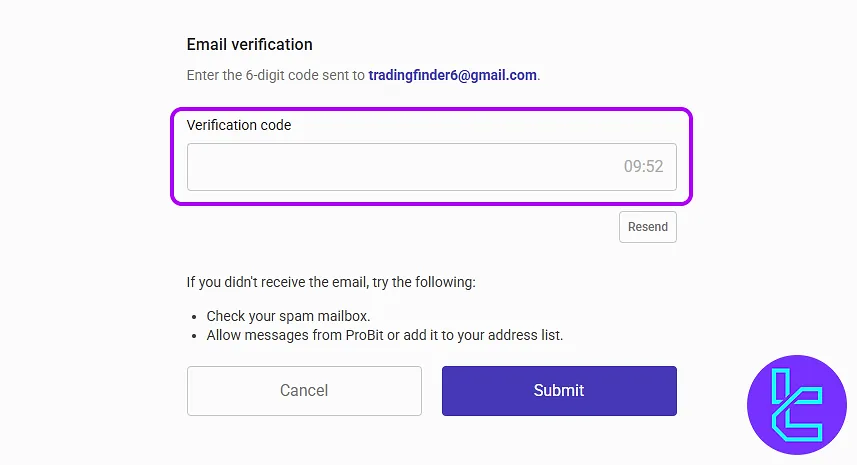 Email verification in ProBit account setup process